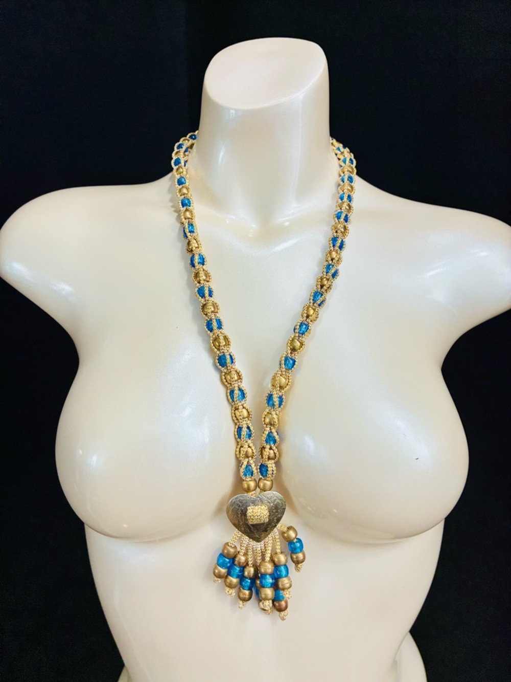 Gold Tone Necklace Macramé with Turquoise Bead Heart Tassel Southwestern VTG EUC